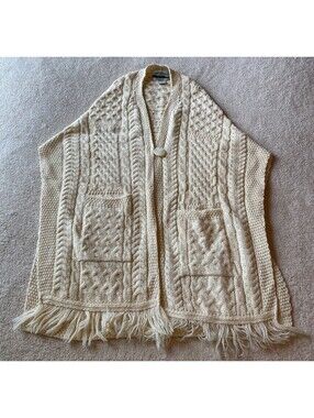 Aran Crafts Irish Cable Pocket Shawl 100% Merino Wool Ireland Poncho Sweater